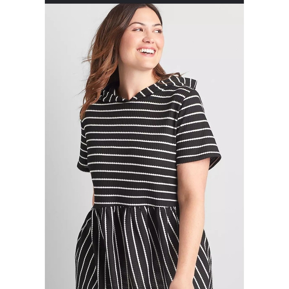 NWT Lane‎ Bryant Hooded Top Women 18/20 Black White Striped Waffle Knit Babydoll